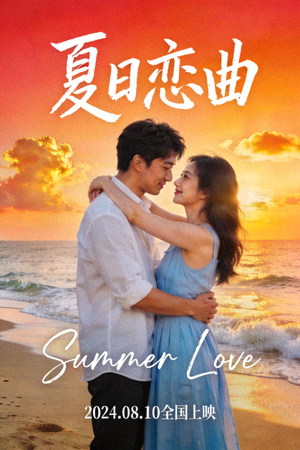 爱情电影《夏日恋曲》海报 - 情侣在海边夕阳下拥抱