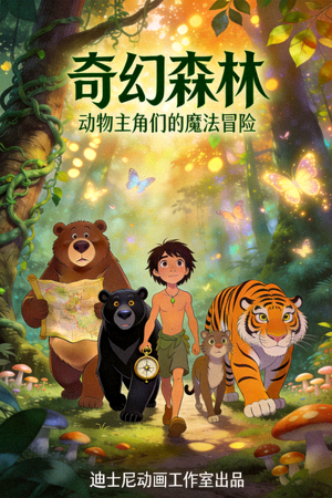 动画电影《奇幻森林》海报 - 动物主角们在魔法森林中冒险