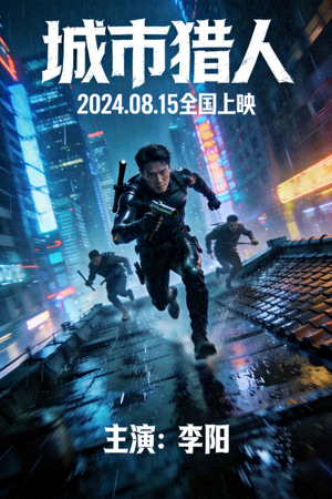 动作电影《城市猎人》海报 - 主角在屋顶跳跃追逐场景