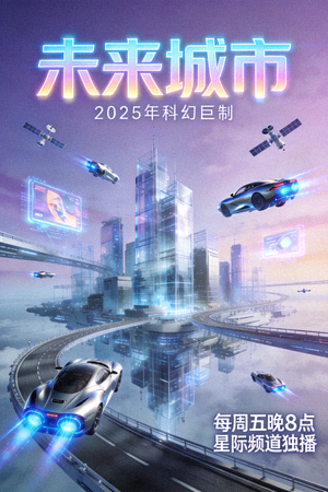 科幻剧《未来城市》海报 - 高科技城市与飞行汽车的未来景象