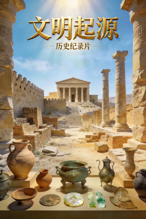 历史纪录片《文明起源》海报 - 古代文明遗址与文物展示