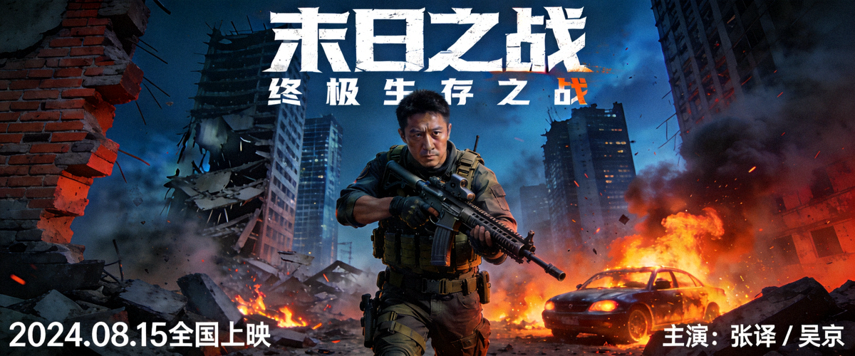 热门动作电影海报 - 主角手持武器站在城市废墟中