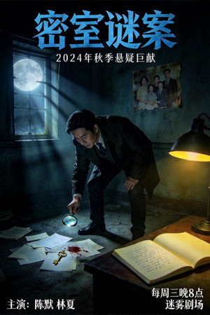 悬疑剧《密室谜案》海报 - 侦探在昏暗房间调查线索
